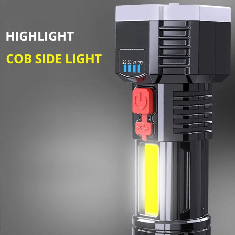 9LED Super Bright Flashlight Rechargeable Outdoor Multi-function Waterproof LED Long-range Spotlight Battery Display COB Lights