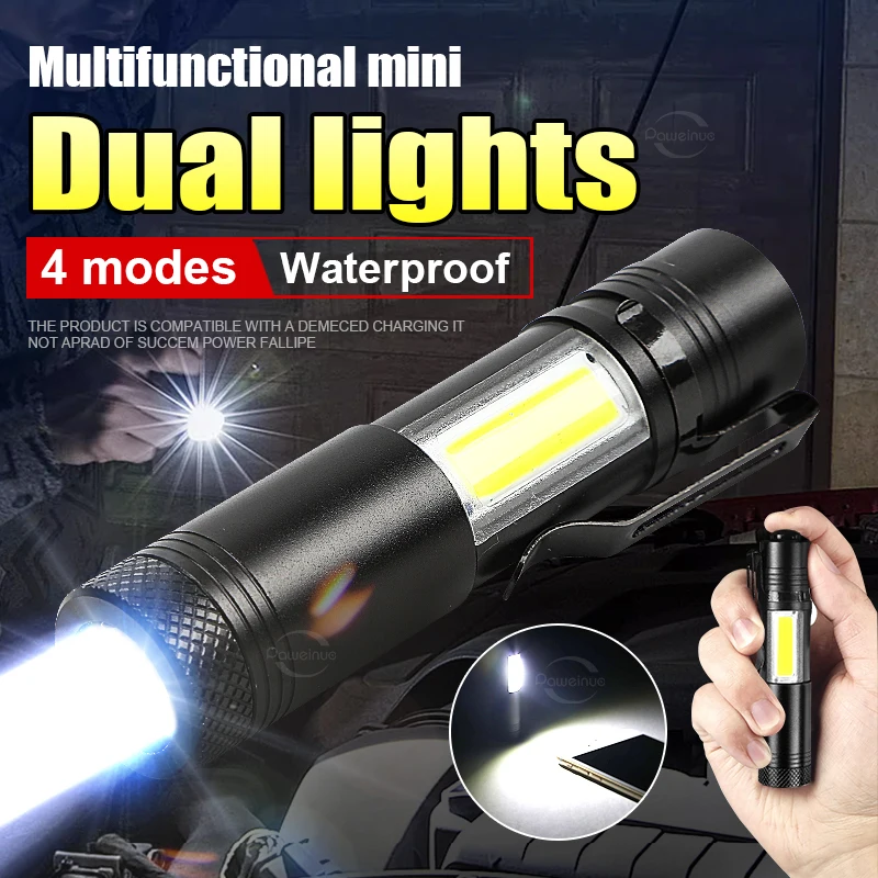 

Mini Rechargeable LED Flashlight COB+Q5 Portable Torch Camping EDC Lantern Light Tactical Flashlight with Pen Clip