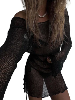 Women Bikini Cover-Ups Solid Color See-Through Long Sleeve Backless Beach Knitted Mini Dress Swimwear Sunscreen Blouse 2