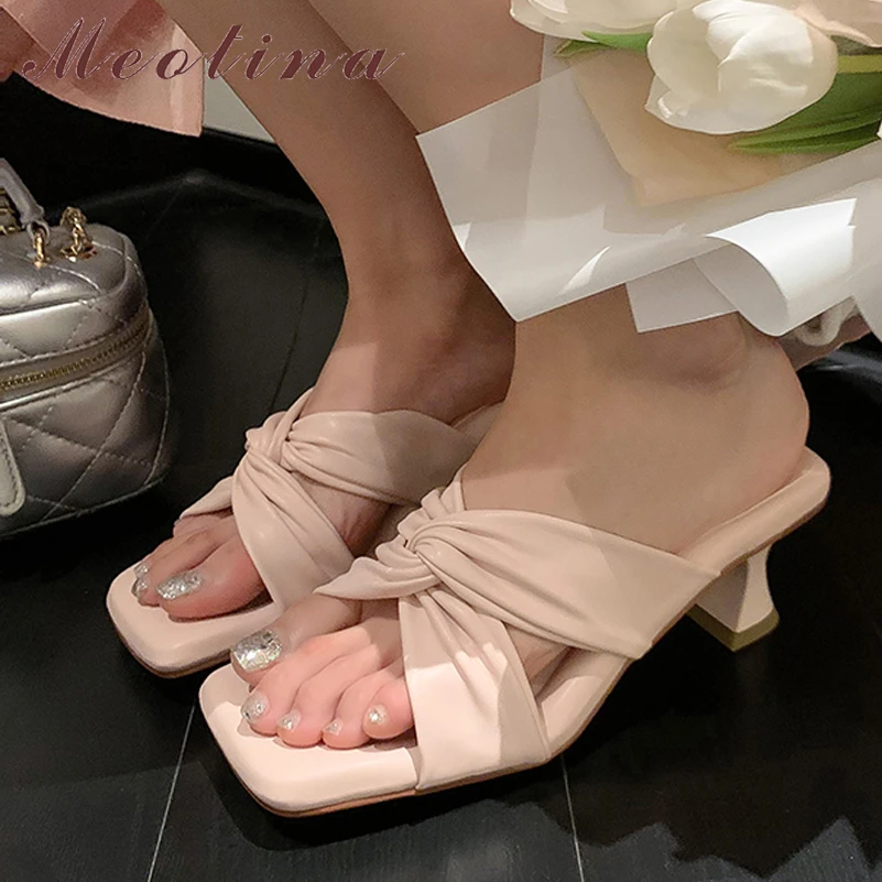 

Meotina Women Genuine Leather Slides Square Toe Thick High Heels Sandals Pleated Slippers Ladies Fashion Shoes Summer Silver 40