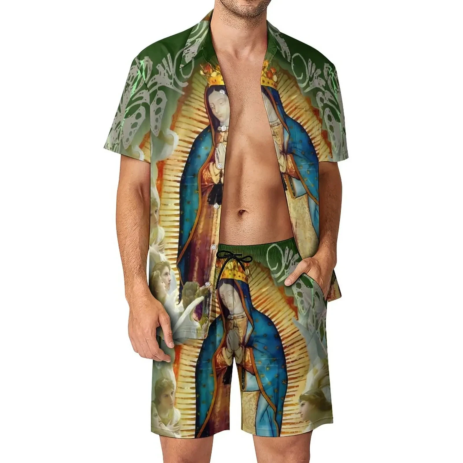 

Virgin Mary Shirt Print 2Pcs Suit 3D print Vintage Shirt Beach Shorts Oversized 2Pcs set Vacation Hawaiian Streetwear Man Suits