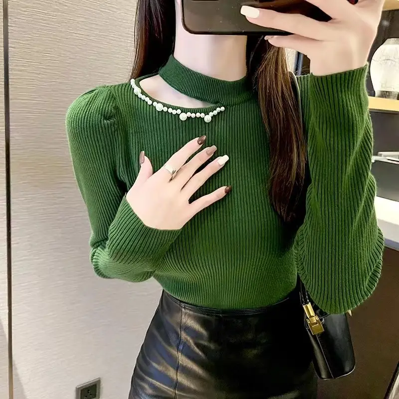 Fashion Hollow Out Puff Sleeve Beading Blouses Women's Clothing 2023 Autumn Winter Slim Knitted Korean Tops All-match Shirts