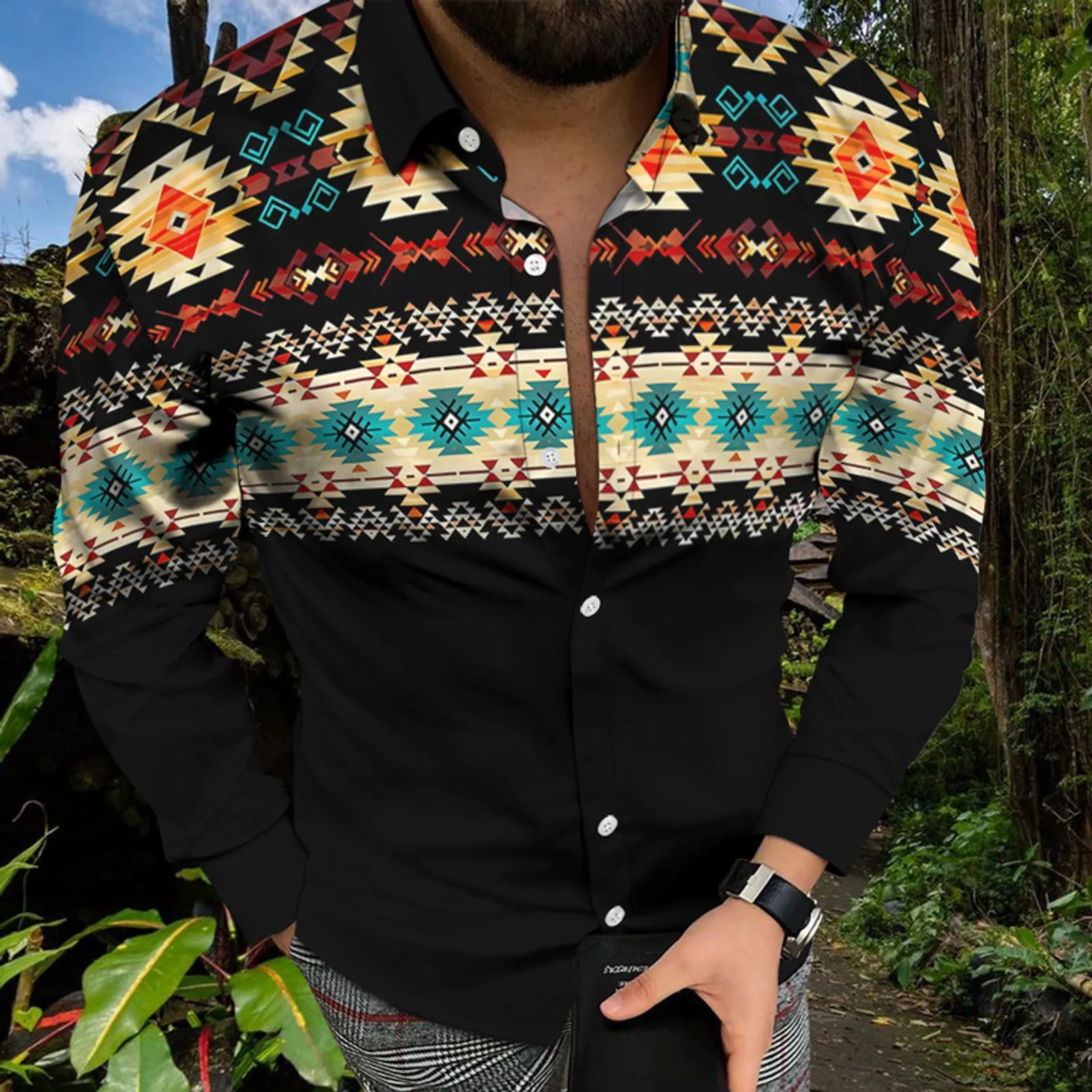 57352-46f419.jpg Aloha Hawaiian Shirt Men's Casual Long Sleeve Ethnic Aztec Printed Tropical Aloha Indian Blouse Shirts Holiday Camisa Hawaiana - Image 1