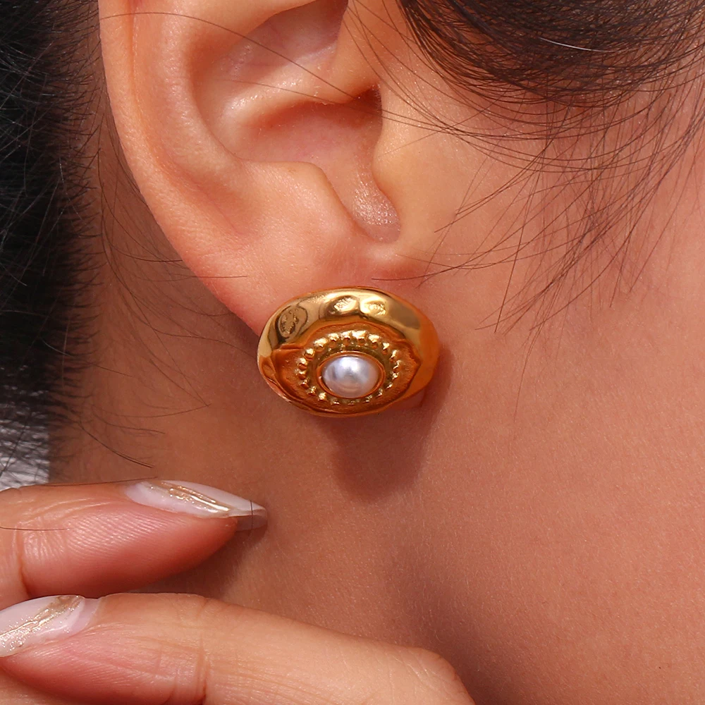 Vintage CHANEL Golden Round Shape Faux Pearl Earrings With 