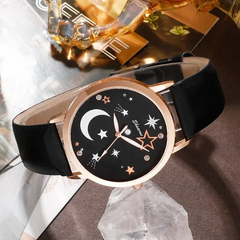 Women Watches Fashion Star Moon Round Dial Design Casual Simple Wrist Luxury Bracelet Clock Gifts
