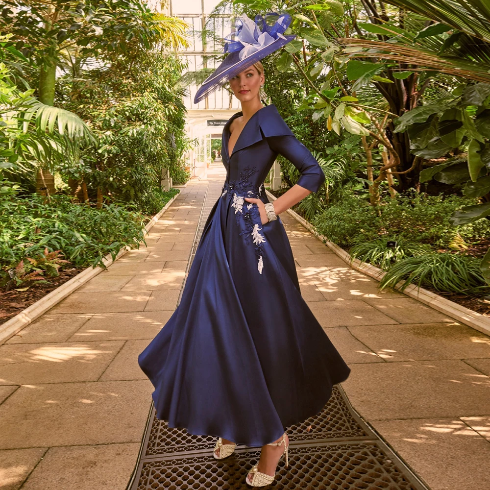 

Elegant Navy Blue Mother of the Bride Dresses V Neck 3/4 Sleeves Wedding Party Gowns Applique Ankle-Length A-Line فستان سهرة