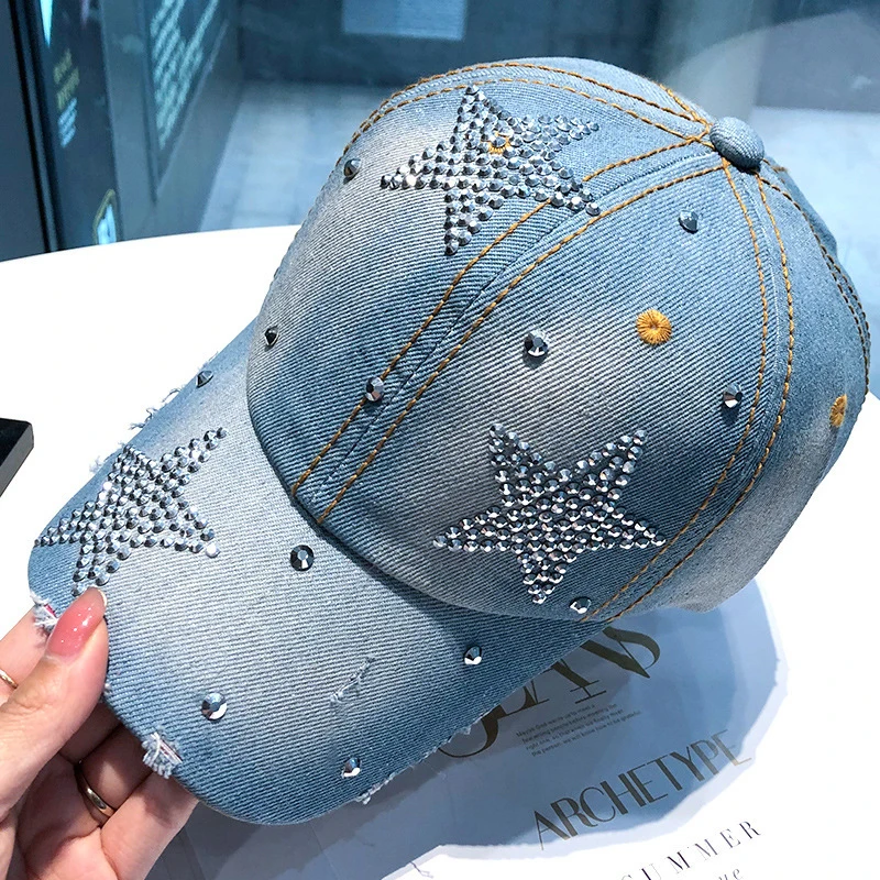 Baseball Cap Shiny Rhinestone Women Baseball Hat Punk Pentagram Star Peaked Cap Hip Hop Duck Tongue Caps Blue Color Denim Duckbill Hats Visor