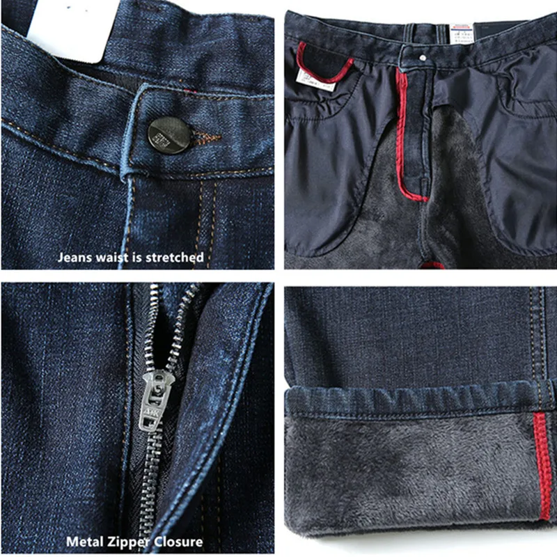 Fleece Jeans For Men Winter Black Denim Tall 117CM Extra Long Plus Size 44 42 Slim Warm Straight Stretched Pants Large Trousers