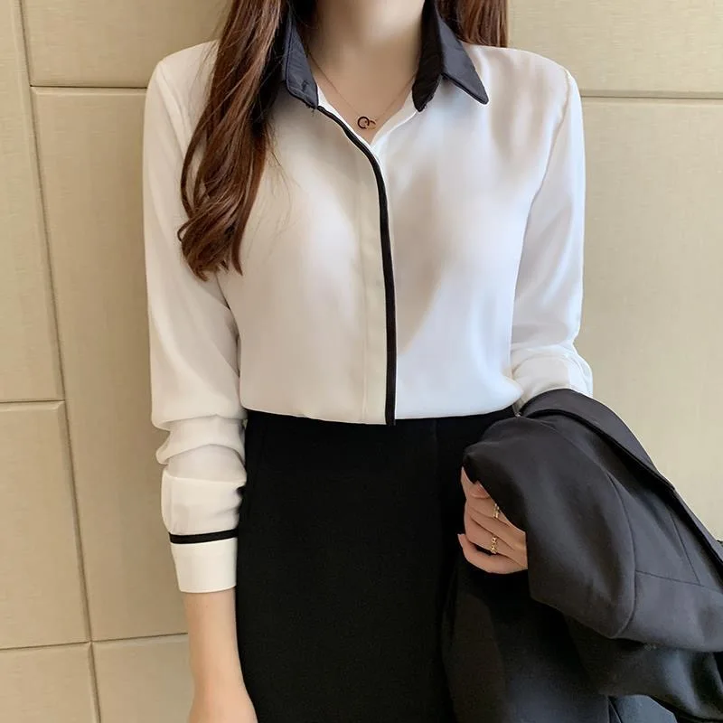 여성 용수철 여름 스타일 OL 블라우스 셔츠, 레이디 사무실 작업복, 긴 소매 턴다운 칼라, 패치워크 블라우스 상의, DF4981