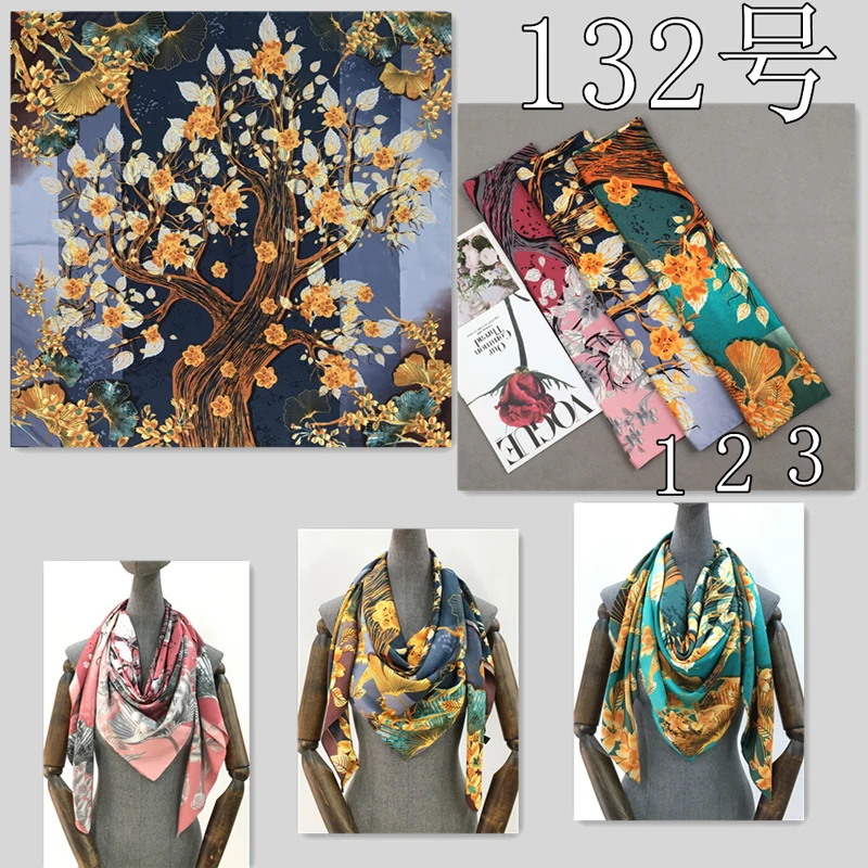 Luxury Brand 100% Twill Silk Scarf Square 130*130cm Scarf Scarves New Design Print Kerchief Women Neck Shawl Wraps Echarpe Hijab 3