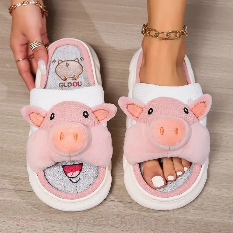 

Linen Casual Platform Slippers Women Home Cartoon Pig Cute Designer Shoes Girls 2024 Spring Fashion House Slides Flat Large Size