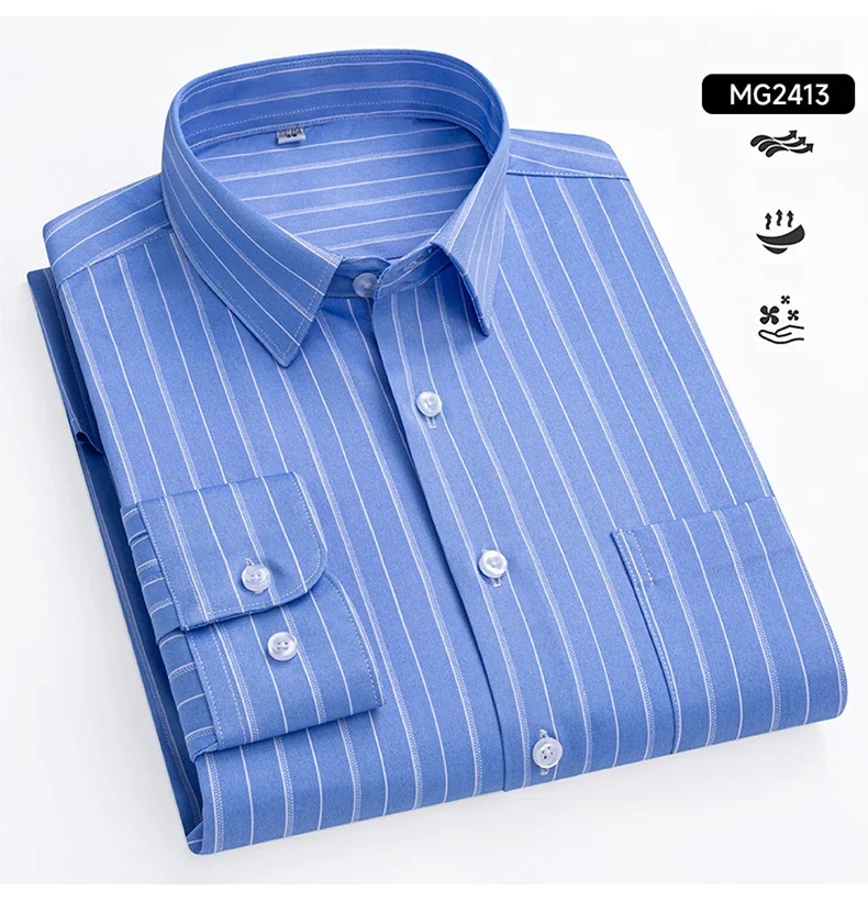 Men's Striped Stretch Business Long Sleeve Formal Dress Shirt Easy Care Casual Fashion Standard Fit Male Workwear Shirts