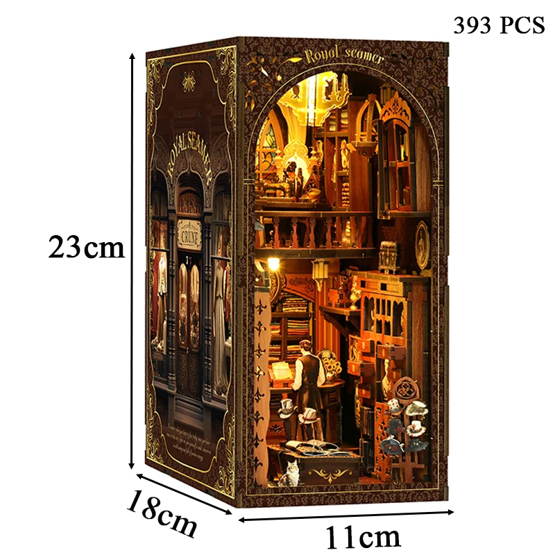 DIY Wooden Royal Sewing Machine Store Book Nook Shelf Insert Miniature Model Kits With Light Bookshelf Bookend Friends Gifts 6