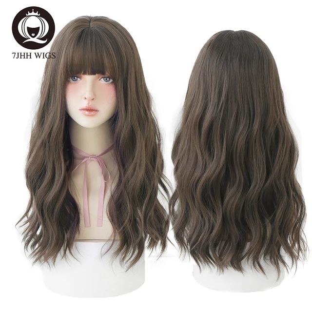 7JHH WIGS Blue Deep Wave Wig With Bangs For Women Long Omber Brown Hair Layered Heat Resistant Cosplay Party Synthetic Wig C8269-2