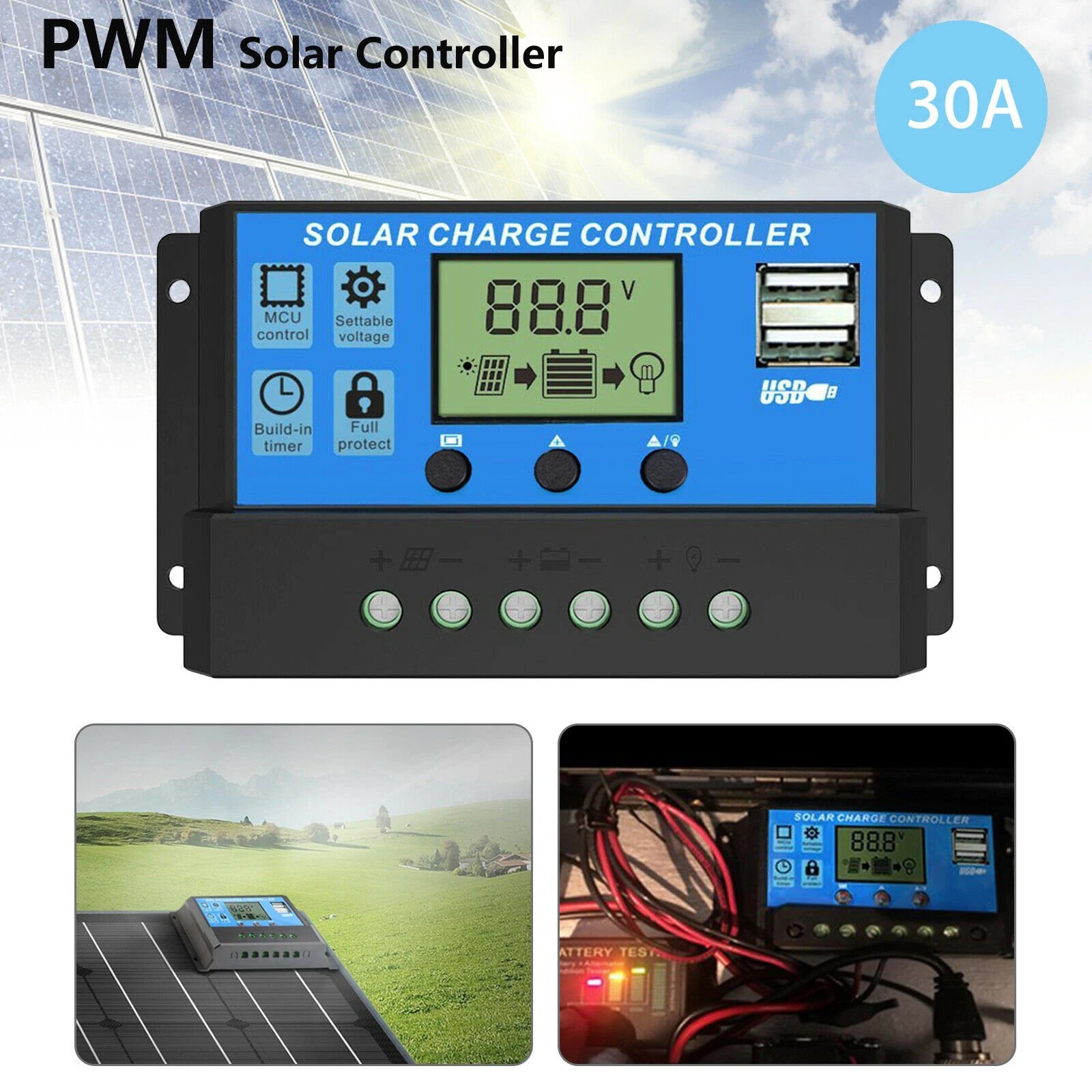 Controller Del Pannello Solare 30A 12V 24V Regolatore Di Carica Della Batteria Automatico Controller Pwm Lcd Dual Usb Per Pv Home