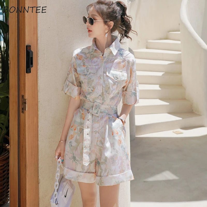 

Rompers Women Floral Design Simple Casual Chic Korean Style Streetwear Turn-down Collor Pockets Temperament Summer Playsuits BF