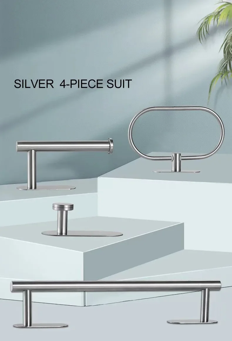 Description Picture 6 of itemSelf-Adhesive Bathroom Accessories Sets Gold Silver Towel Rack Bar Rail Ring Robe Clothes Hook Toilet Tissue Roll Paper Holder