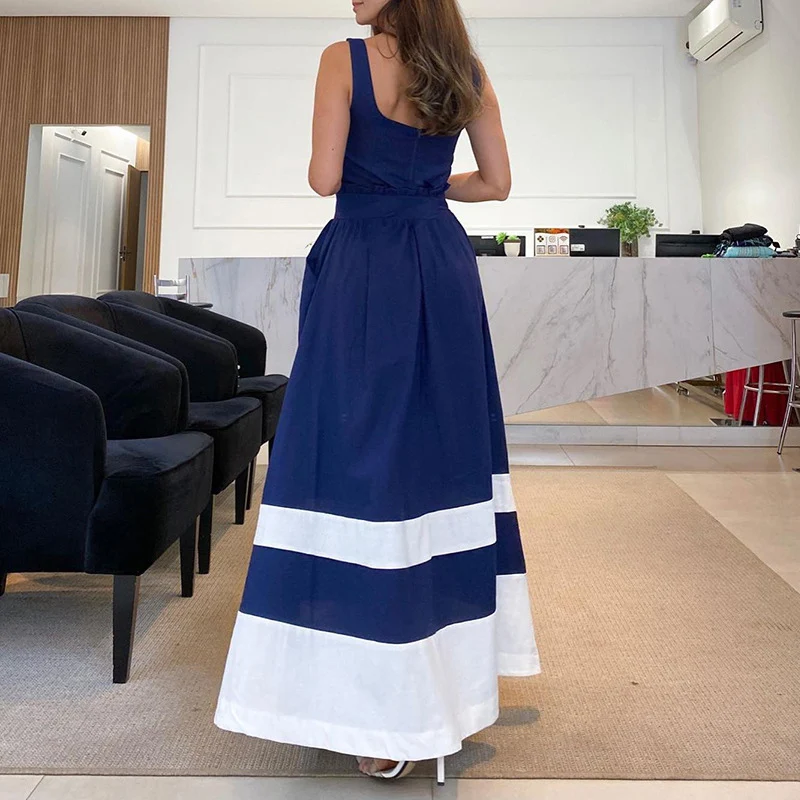 

Women Square Collar Backless Zip Long Dress Spring Contrast Color High Waist Ruffle Maxi Dress Summer Sleeveless Hem Party Dress