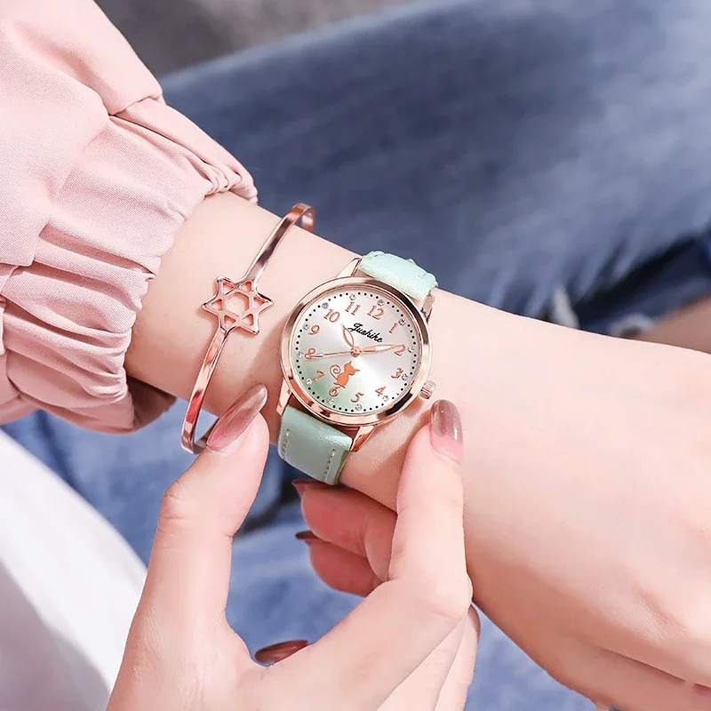 Cute Cat Pattern Casual Simple Rhinestone Quartz Wristwatch for Girls Student Leisure Style Watch Gradient Color Retro Watch