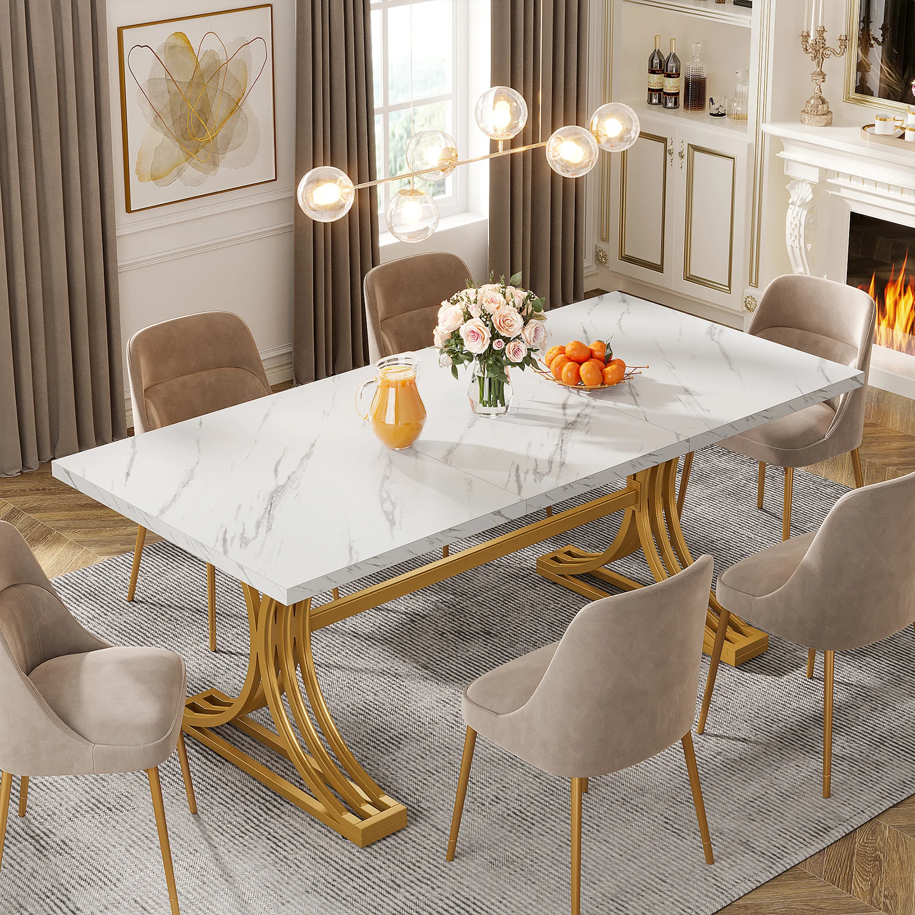 Tribesigns 63-Inch Rectangular Dining Table for 4 to 6, Modern Kitchen Table with Faux Marble Table Top, White Dinner Tables 2