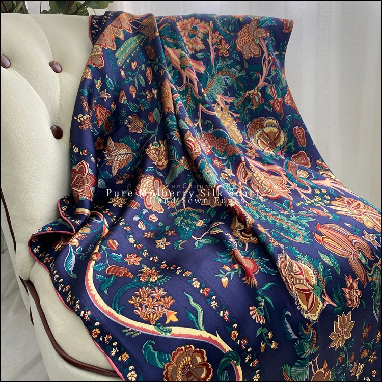 Bufanda de seda grande para mujer, pañuelo de 110x110 de seda, bordes enrollados a de árbol de morera pura 100%, pañuelos con estampado de árbol de la vida|Bufandas de