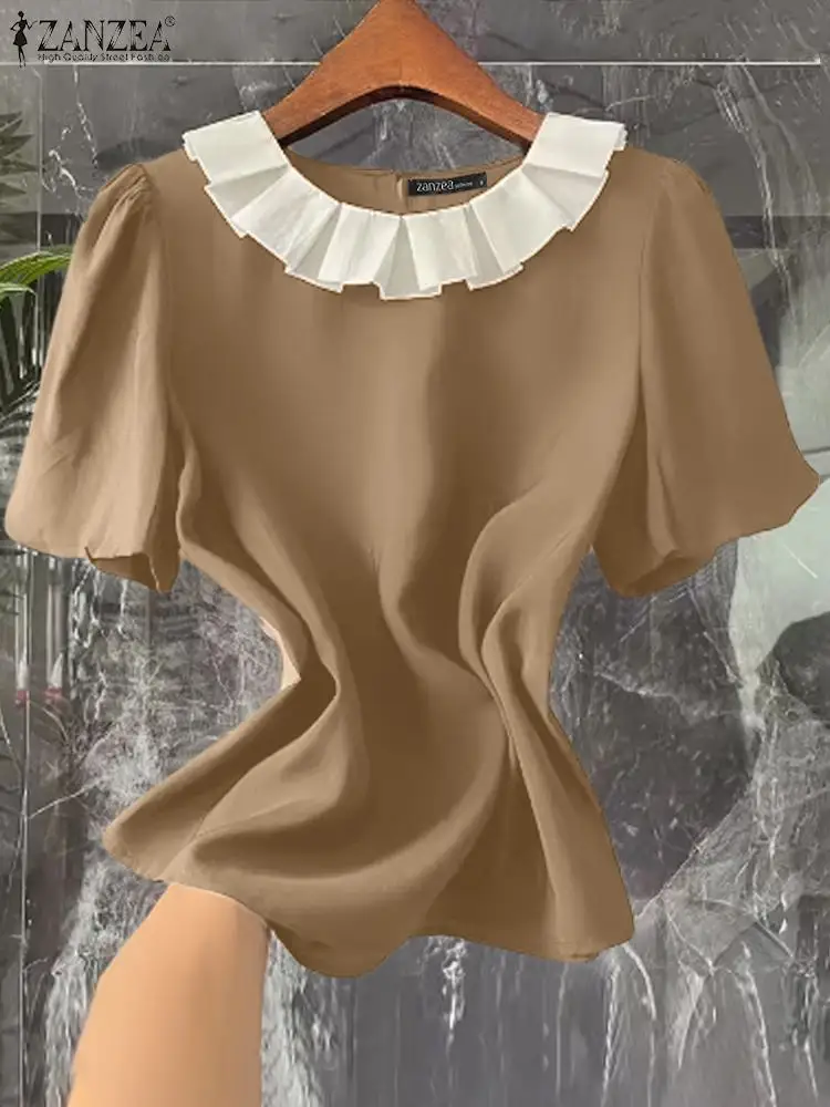 

Модные гофрированные топы ZANZEA с круглым вырезом, Женская офисная блузка, праздничные рубашки с коротким рукавом и цветными блоками, винтажные корейские летние блузы