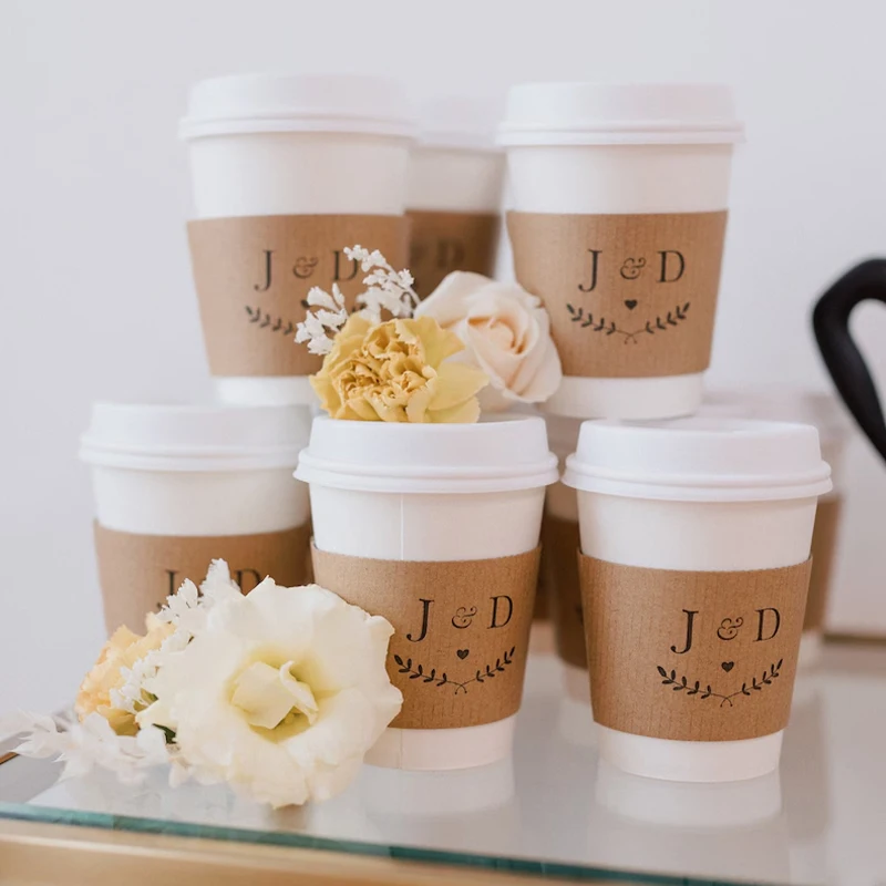 Personalized Disposable Paper Coffee Cup Sleeve for Wedding Custom 20-100ps Heat Insulation Drinks Cup Sleeves for Hot Beverages
