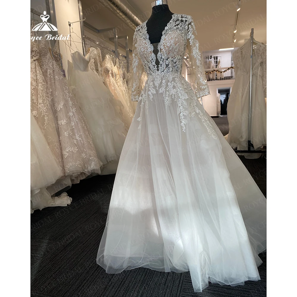 

Sexy Deep V Neck Wedding Dresses Long Sleeve Exquisite A Line Appliques Lace Bridal Gowns for Women Backless Vestido De Noiva
