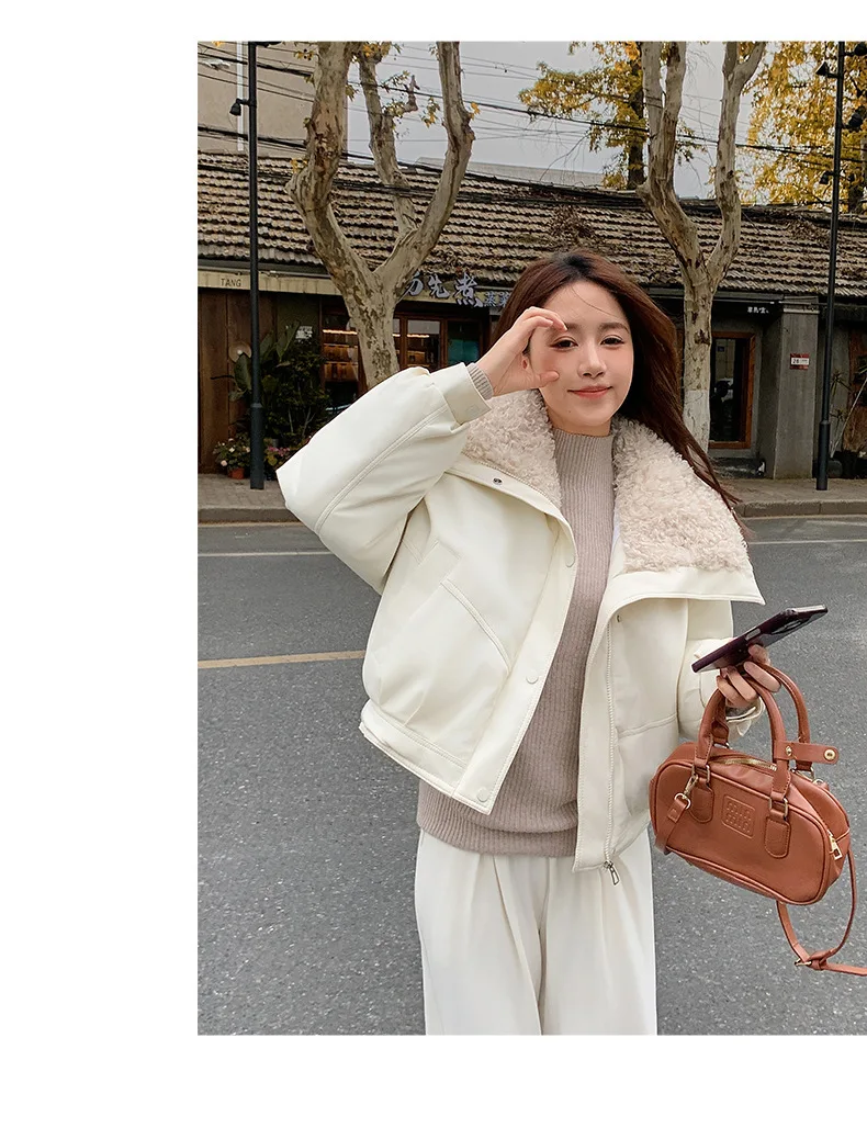 Trendy Fleece Thicken Warm Short Leather Jacket Shearling PU Leather Cotton Lining Women's Winter New Zipper Leather-Cotton Coat