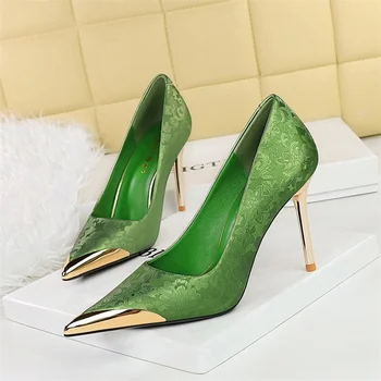 Fashion Simple Comfort National style Women's High Heels Silk Stilettos Shallow Metal Pointed Toe Satin Banquet Singe Shoes
