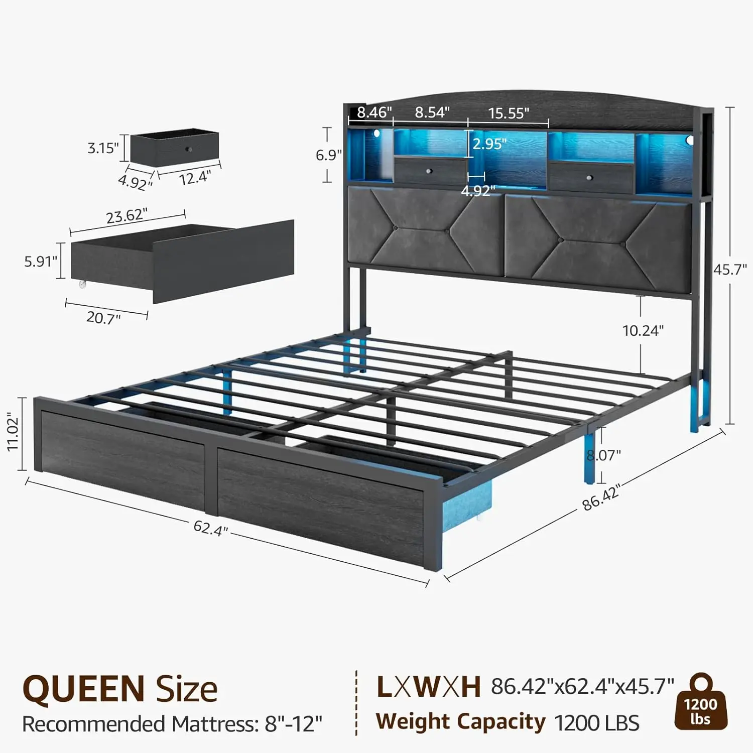 with 4 Storage, Upholstered Velvet Platform Bed Frames with Button Tufted Headboard Led Lights, Wooden Slats Support