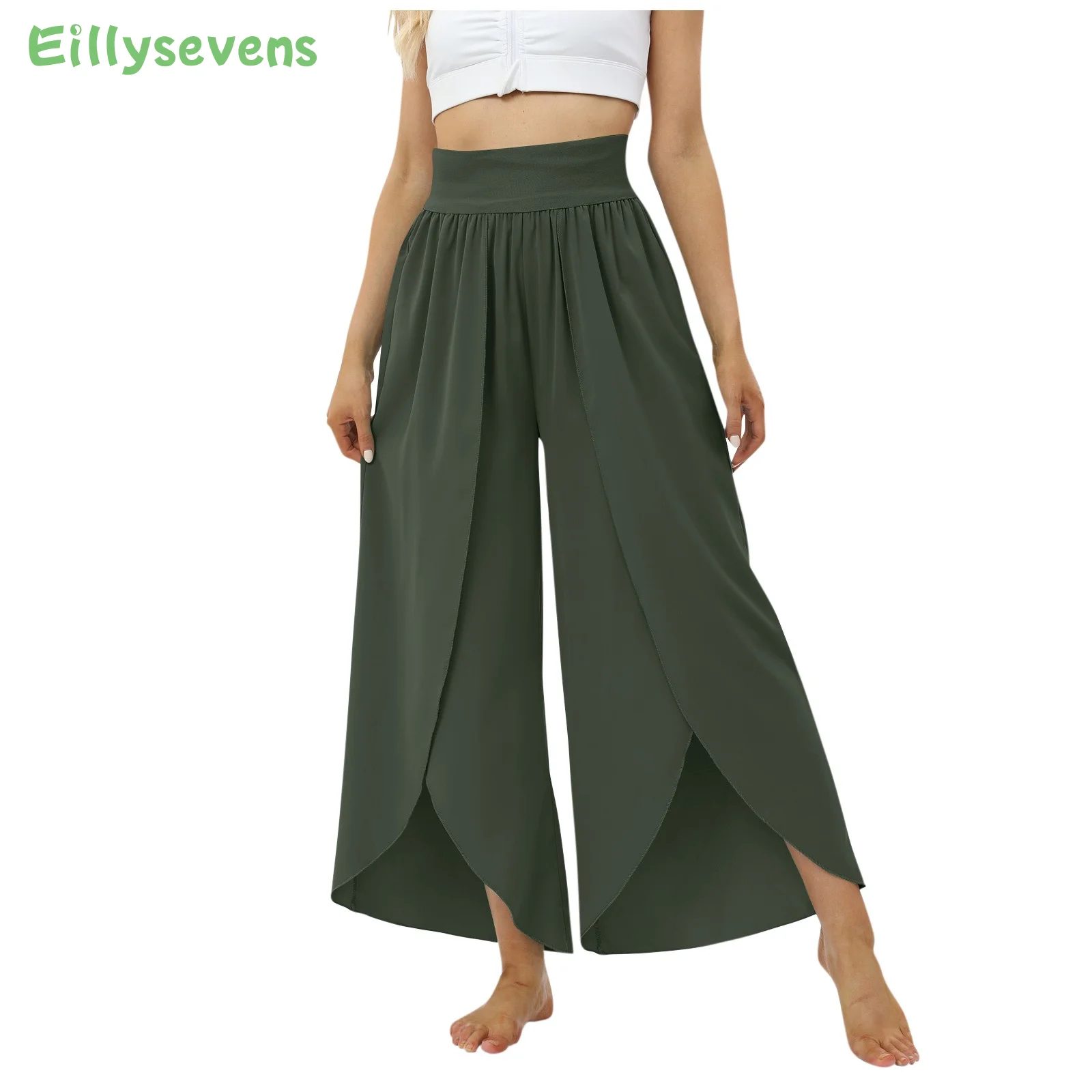 

Women Pants High Waist Wide Elastic Waistband Yoga Pants Solid Color Thin Ninth-Length Women Flowy Split Wide Leg Pants