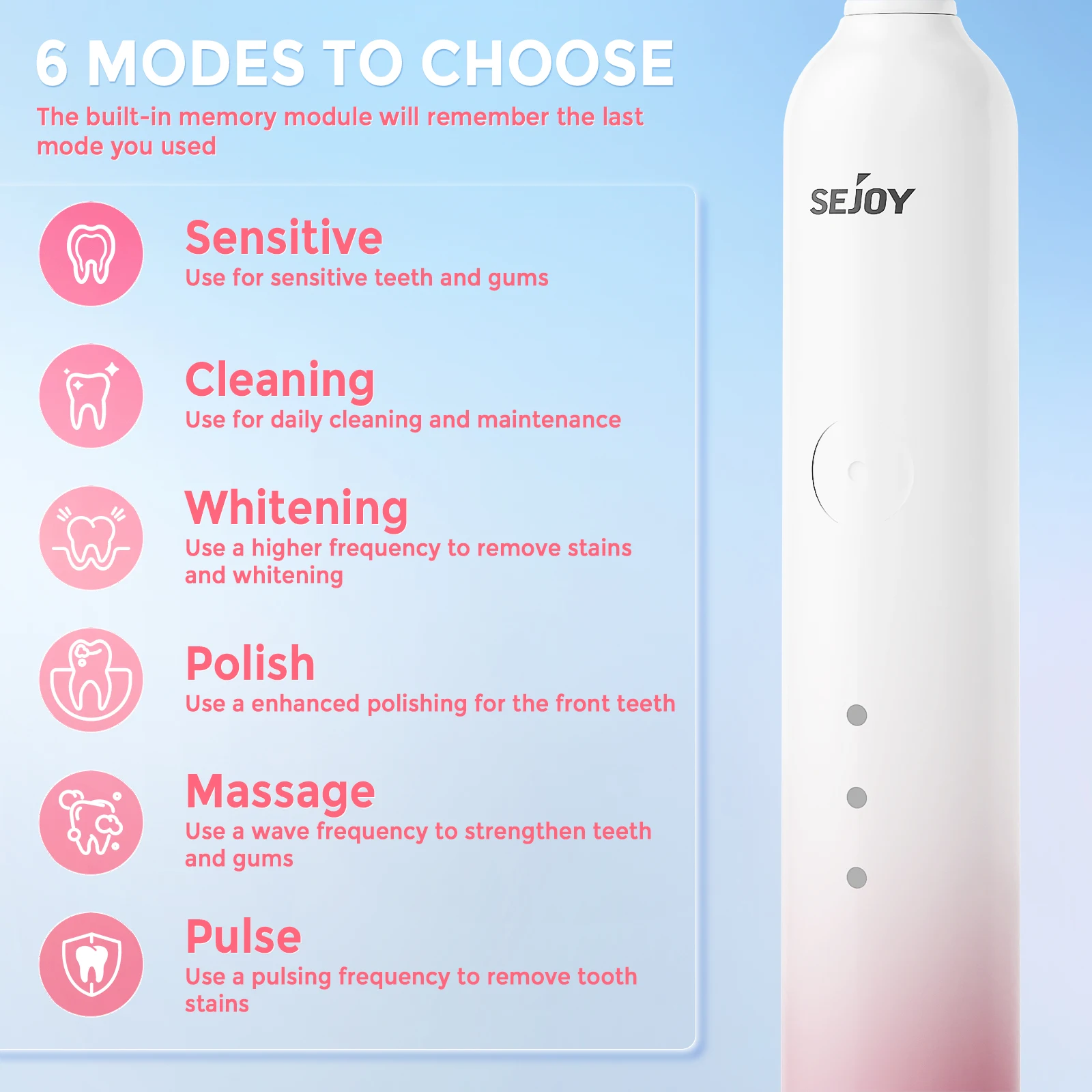 SEJOY Fade Color Oral Cleaning Personal Sonic Electric Toothbrush Care Appliances IPX7 6 Modes Smart Rechargeable Automatic 3