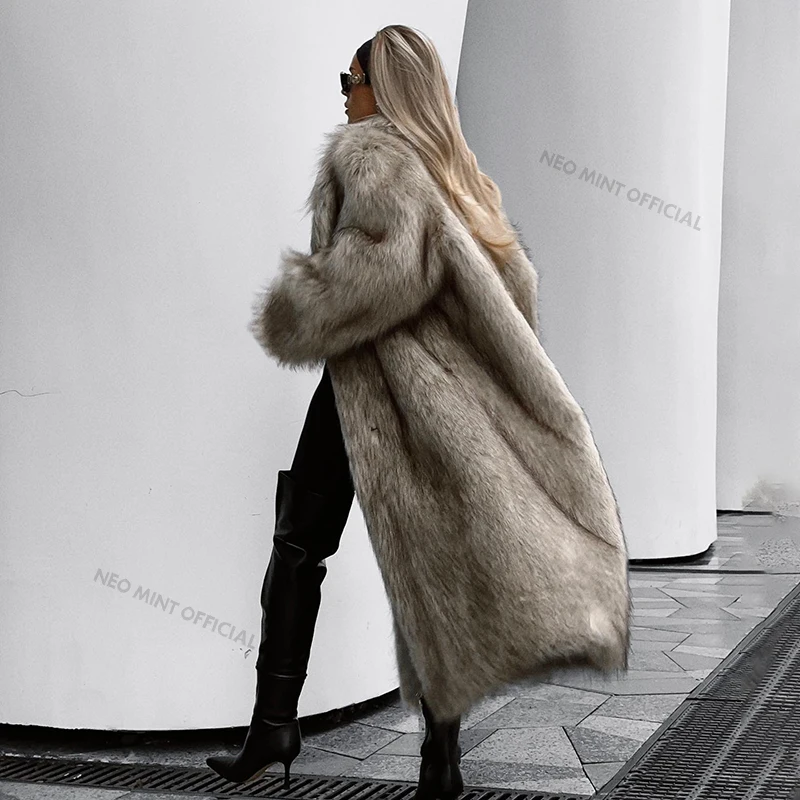 Neo Mint Luxury Mob Wife Aesthetic Long Faux Fur Coat Women Winter 2024 Fluffy Gradient Fox Fur Jacket Female Furry Overcoat 2