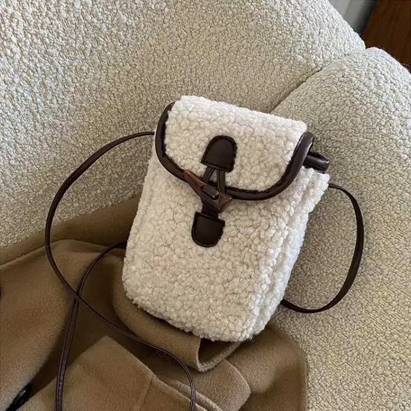 Fashion Winter Lambswool Phone Bag Sweet Lovely Portable Women Wallets Square Purse Faux Fur Plush Shoulder Bags Purses Handbags