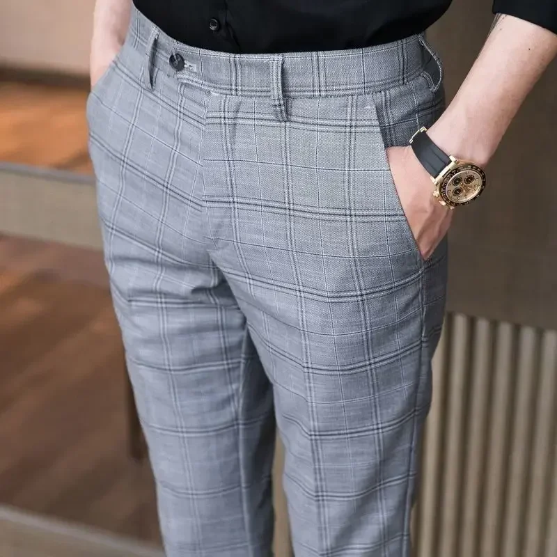 Pantalones de verano para hombre, rectos, 9 pantalones cortos, pantalones de traje para hombre, a cuadros, antiarrugas, sastrería, ropa informal fina y barata de diseñador