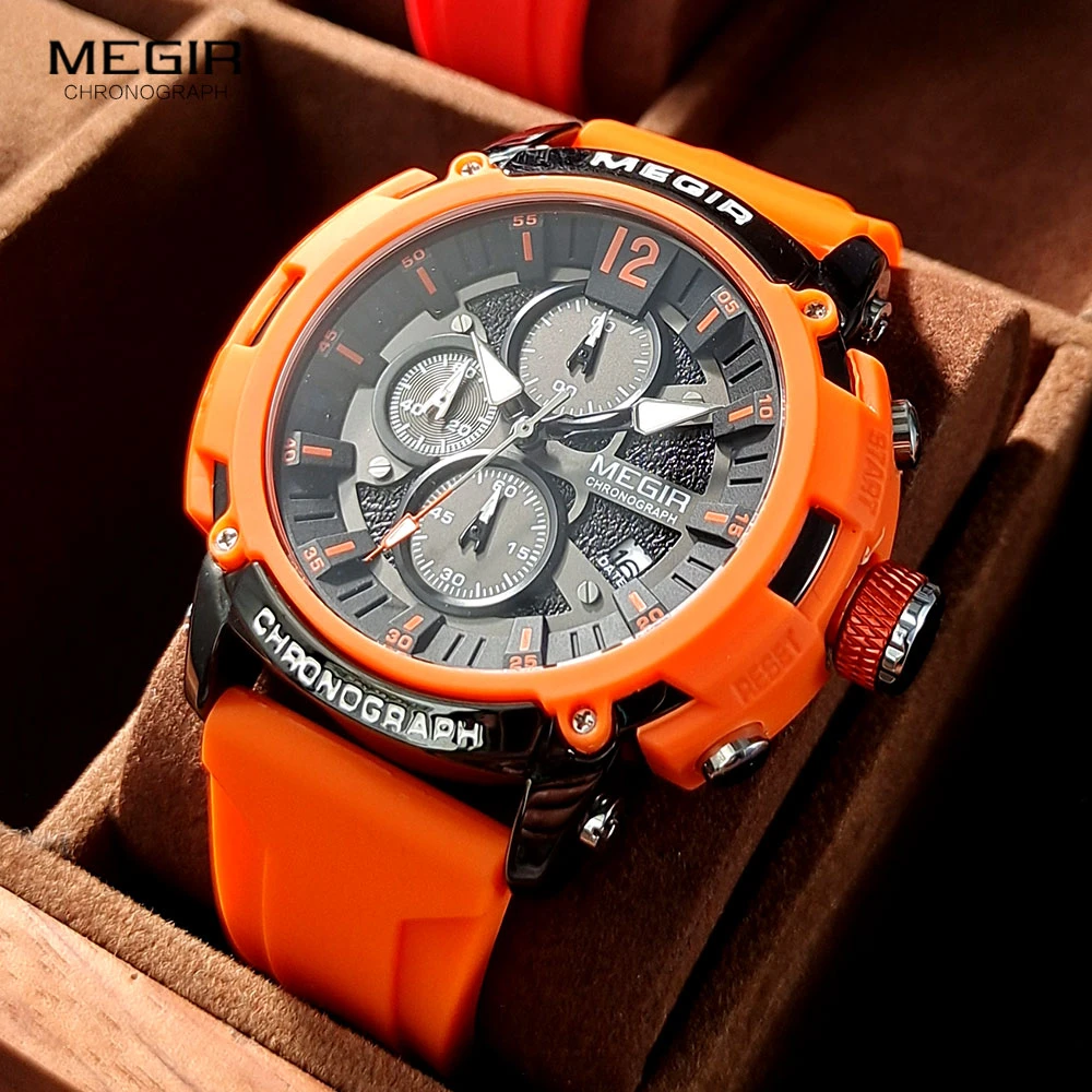 MEGIR Orange Sport Watches for Men Fashion Waterproof Luminous Chronograph Quartz Wristwatch