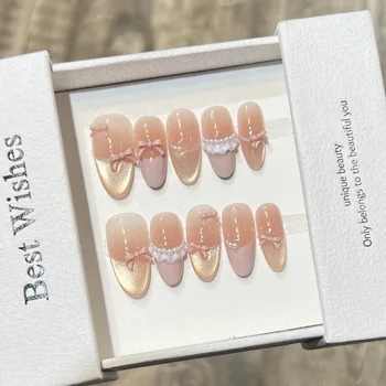 10PCS Glossy Medium Oval Handmade Cat Eye Press on Nails Sweet Pink Blush with 3D Bowknot French Fake Nail Art Wearable Manicure