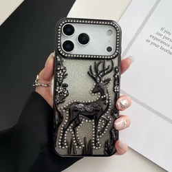 Glitter Rhinestone Deer Phone Case with Full Screen Protection and Soft Plating Armor Design - iPhone 12 Pro Max (Black)