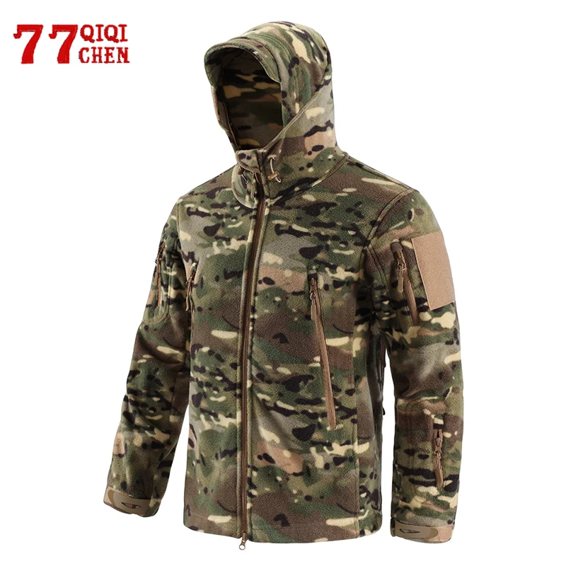 

Mens Polar Fleece Hooded Jackets Windproof Warm Multi-pocket Tactical Camo Jacket Outdoor Hiking Hunting Combat Military Coat