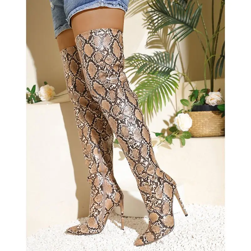 Kcenid New Women Snake Pattern Over The Knee Boots PU Leather Lady Fashion Shoes Super Stiletto High Heel Nightclub Boots Zipper