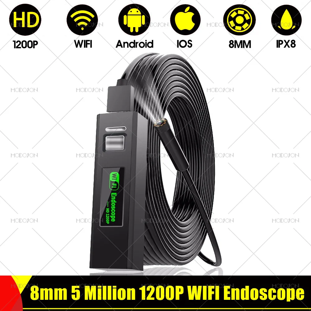 8mm 5.0mp1200p Hd Wifi Endoscope Camera Flexible Snake Cable Endoscopy