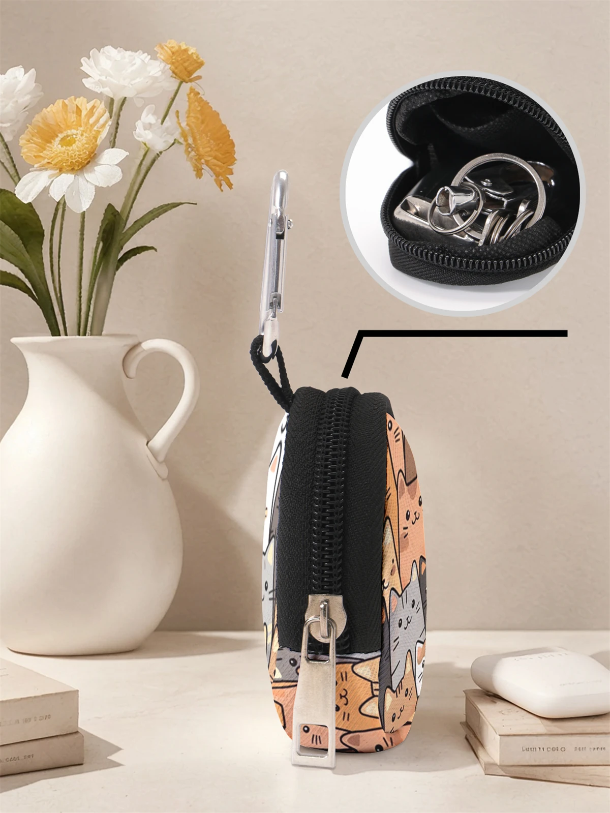 Cat pattern printed mini wallet, zipper change bag with hook clip, headphone key bag, suitable for men and women