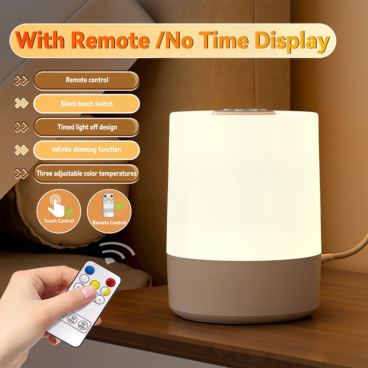 USB Rechargeable LED Night Light with Clock - Dimmable 3-Color Soft Glow and Remote Control