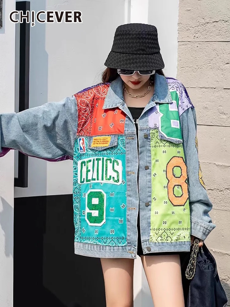 

CHICEVER Streetwear Fashion Denim Coats For Women Lapel Long Sleeve Single Breasted Vintage Hit Color Loose Jackets Female New