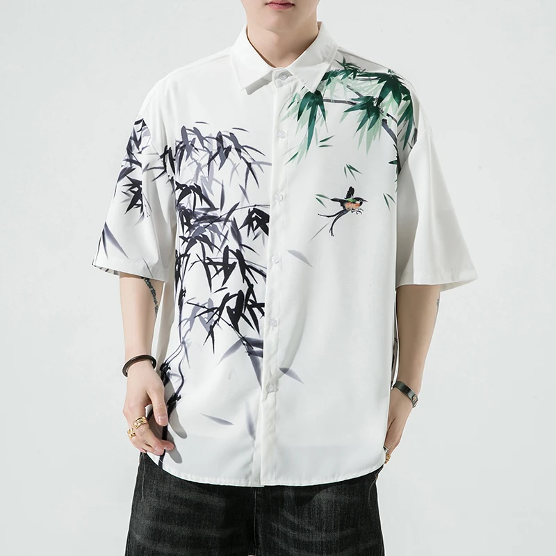 

2023 Summer Men Retro Digital Print Shirts Men's Shirt Chinese Style Hawaiian Shirt Man Street Short Sleeve Top Loose Shirt Men