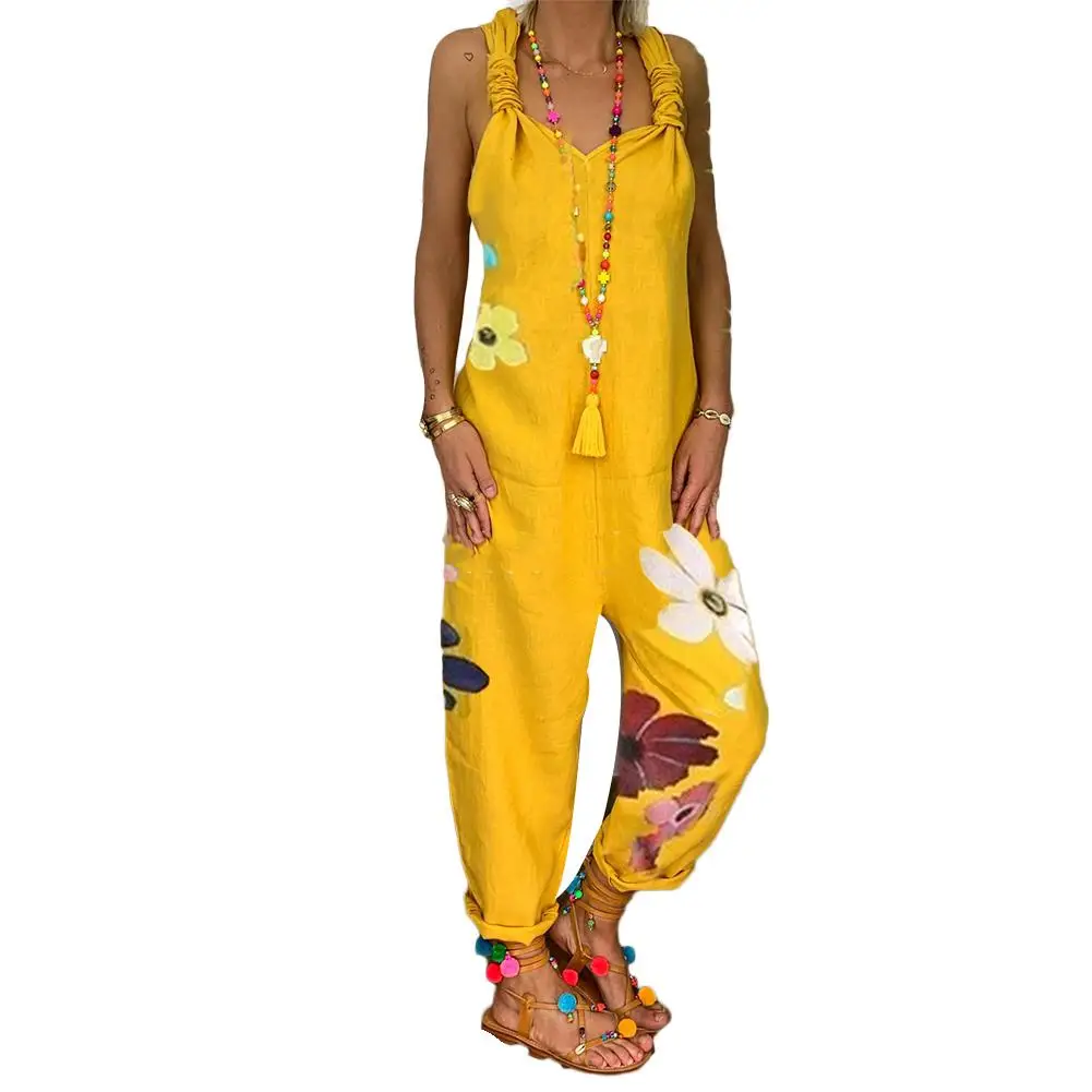 2023 New Fashion Women Casual Solid Color Floral Print Sleeveless Backless Long Pant Loose Knitted Jumpsuit Rompers Plus Size