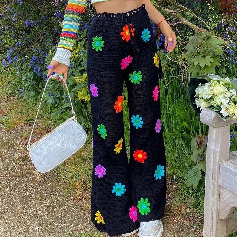 Flower Crochet Net Hollow Out Women Wide Leg Pants Summer Long Pants Boho Beach Casual Travel Fashion Comfy Drawstring Trousers