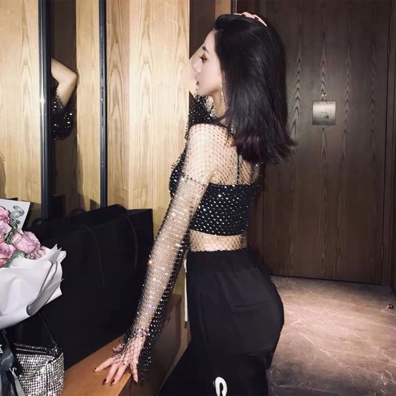 

Women Summer Sexy Sheer Mesh Flare Long Sleeve T-Shirt Glitter for Rhinestone Diamond Fishnet Shirts Beach Cover Up Crop N7YF
