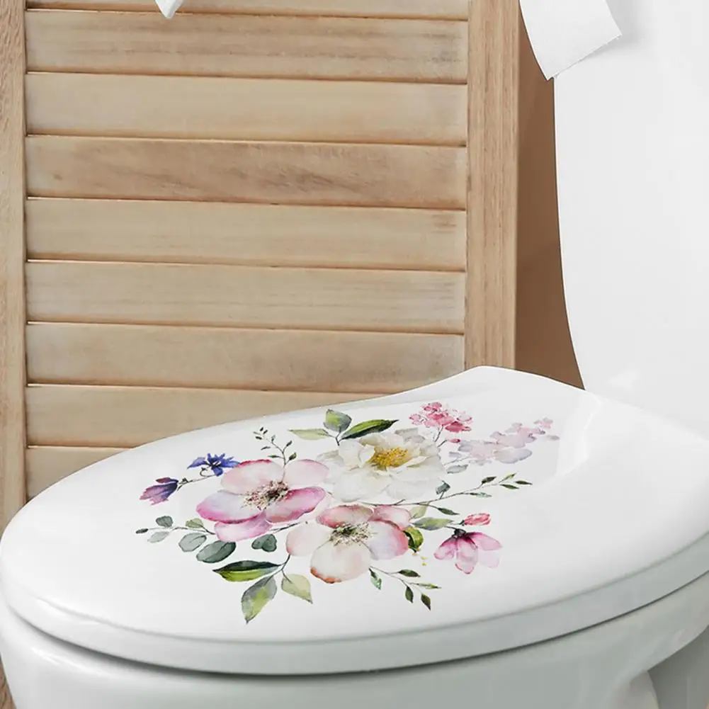 Toilet Lid Sticker Strong Stickiness PVC Waterproof Easy-peel Flower Theme Toilet Seat Decal Restroom Art Decoration Bathroom